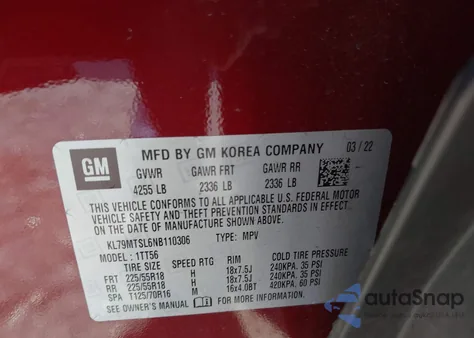 2022 Chevrolet Trailblazer Fwd Rs z USA, uszkodzony, nr VIN KL79MTSL6NB110306